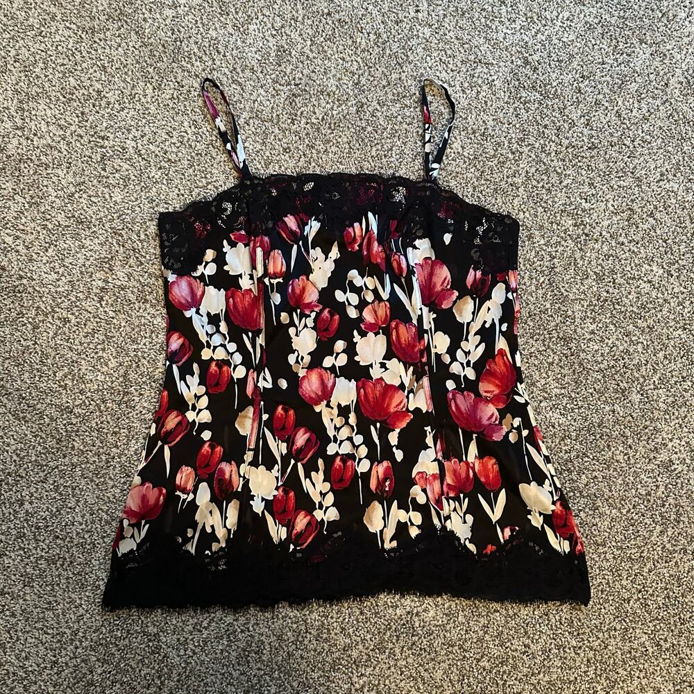 White House Black Market black white & berry pink floral lace lined tank top, M - Picture 5 of 10